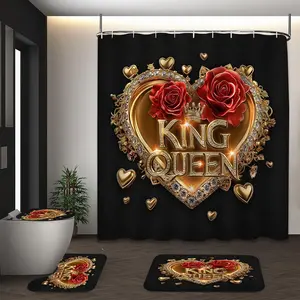 LVRLVR 4Pcs King Queen Gold Heart Rose Print Luxury Romantic Black Shower Curtain Set 70.8×70.8 Inch