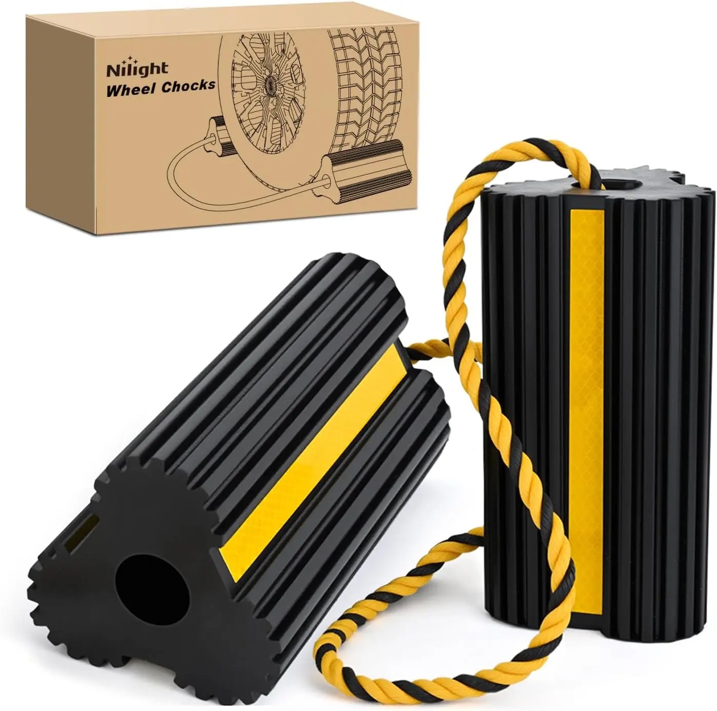 Nilight 2-Pack Heavy-Duty Rubber Wheel Chocks with Rope, Yellow Reflective Strips, Auto Accessories for Cars, RVs Parking Stabilizer