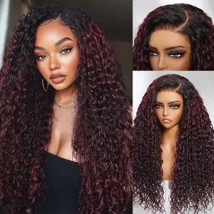 Klaiyi Dark Plum Color 13x4 Water Wave Pre-Everything Lace Frontal Wig with Dark Roots Glueless Wig