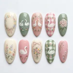 Vintage Swan Lake Press On Nails, Pastel Pink Green Gingham Fake Nails, 3D Bow Floral Wreath Art, Cute Cottagecore Spring Easter