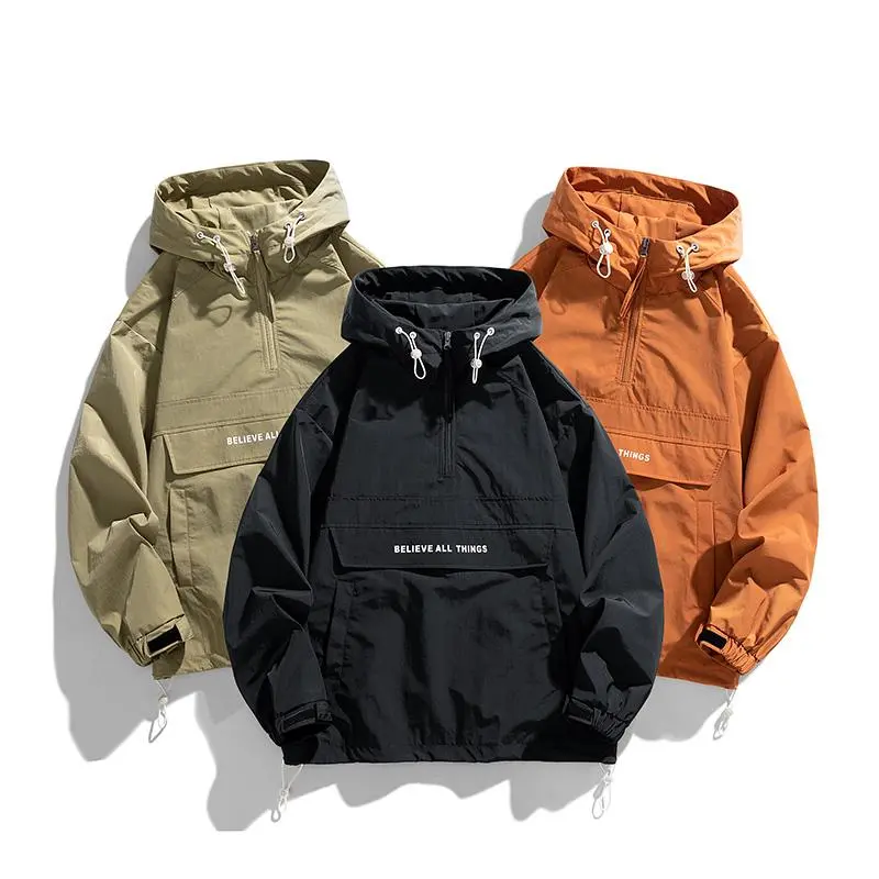 Men's 3-Color Half-Zip Hooded Jacket - Lightweight, Windproof, Loose Pullover Outerwear for Daily Commuting, Outdoor Hiking