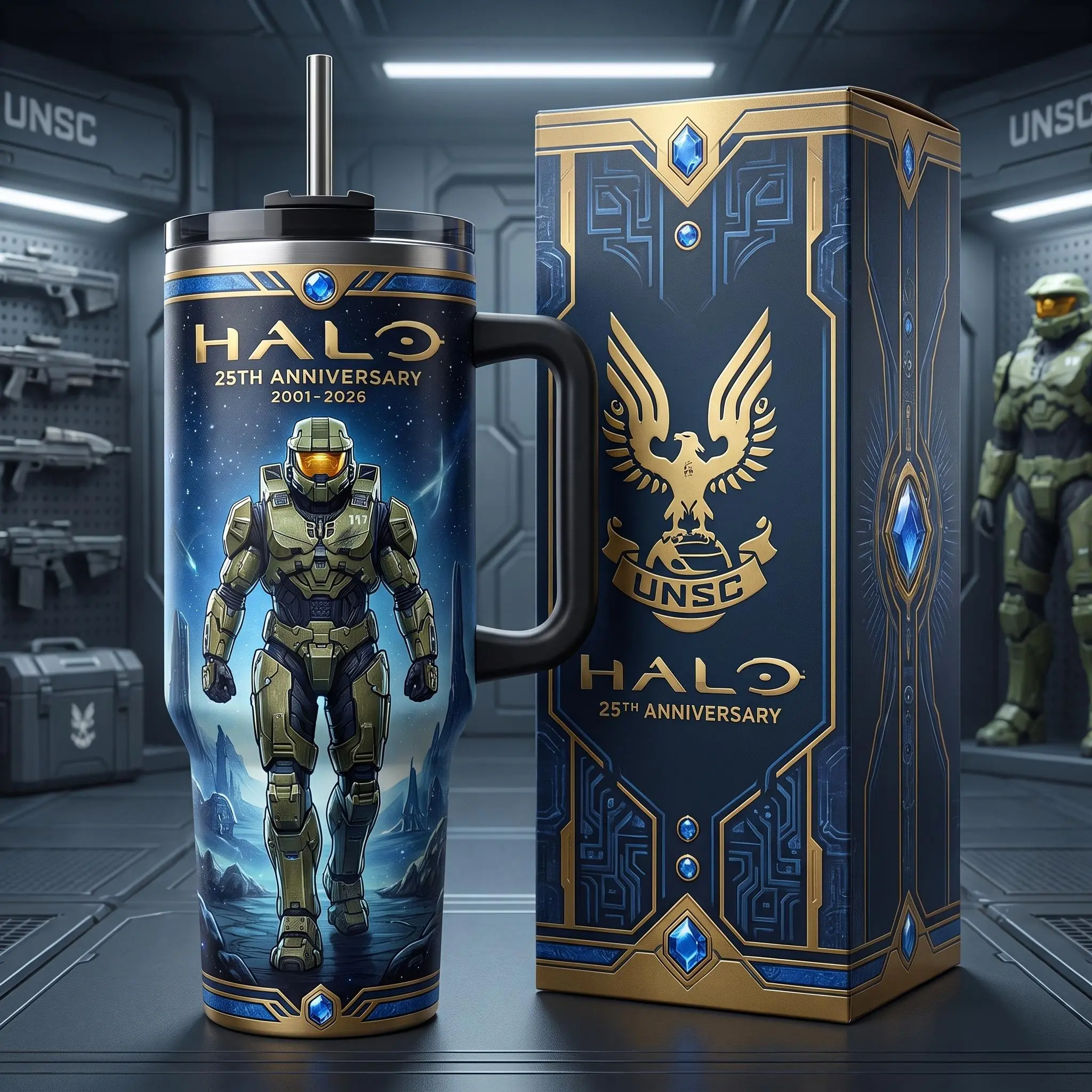 Halo 25th Anniversary 2001–2026 Master Chief 40oz Tumbler, UNSC Spartan Collector Cup with Handle & Straw, Galactic Combat Gaming Drinkware, Sci-Fi Birthday Gift for Xbox Fans