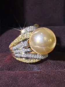 Luxury Artificial Zircon & Pearl Ring for Women, Wedding Engagement Anniversary Party Accessory Gift, Elegant Copper Chain Design