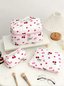 Cherry & Bow Pattern Makeup Bag Set, Large Capacity Multi-functional Storage Bag, Makeup Pouch, Fashionable Portable Makeup Bag, Cute Bow Pattern Makeup Bag