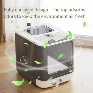 Fully enclosed litter box with a splash guard, featuring a drawer-style design and storage space