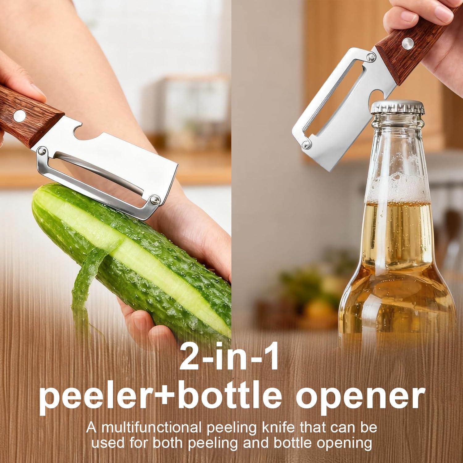 KOMOX 2-in-1 Fruit & Veggie Peeler with Bottle Opener Sharp Stainless Steel Wooden Handle Ergonomic Non-slip Design for Comfortable Grip