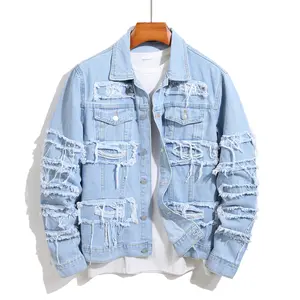 New Men Denim Jacket Stylish Street Style Distressed Splicing Ripped Male Slim Casual Jean Jacket Coat