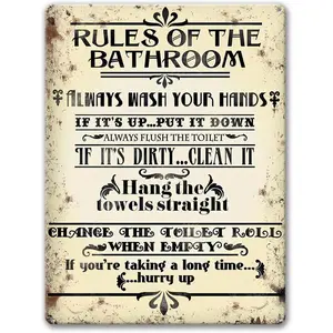 Tin Sign For Bathroom Rules Sign, Farmhouse Bathroom Decor Wall Art Vintage Metal Signs Funny 12 x 8 inches