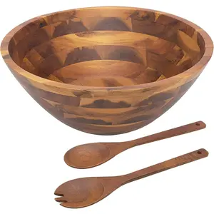 Salad Bowls, Wooden Salad Bowls Set, Large Acacia  Serving Bowl for Fruits, Salad, 12.5" Big Salad Bowl with Serving Utensils