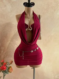 Women's Solid Color Plunging Neck Sleeveless Backless Fitted Mini Dress, Summer, Party Dress For Women Nightclub, Ruched Bodycon Dress, Luxury Dresses