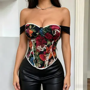 Vintage Floral Oil Painting Off Shoulder Corset Top | Boned Bustier Contrast Lace Trim Coquette Y2K Crop Top for Women Date Night Going Out