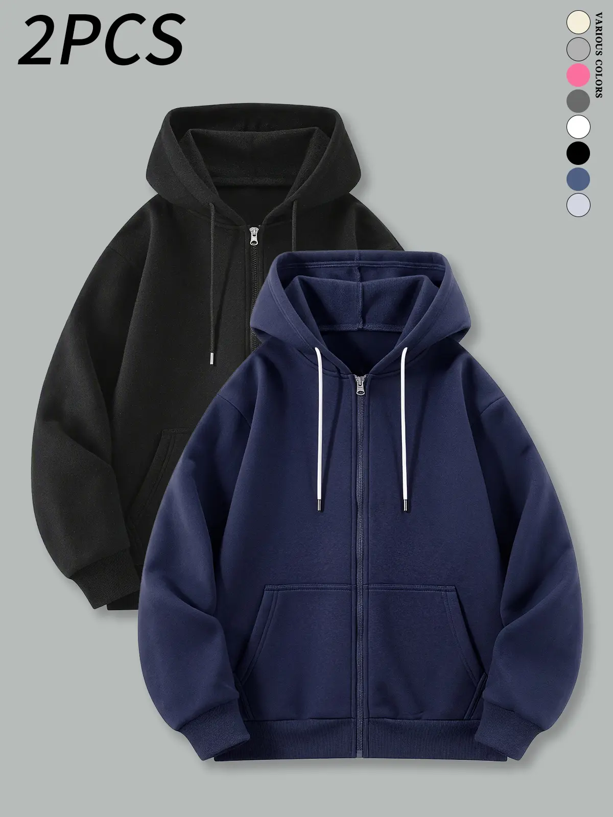 2-pack men’s tops, men’s full-zip hoodie sweatshirt, men’s sweatshirt, autumn/winter clothing, comfortable and stylish, long-sleeve zip-up sweatshirt, men’s hoodies, solid-color hooded jacket, men’s casual sweatshirt, men’s everyday jacket