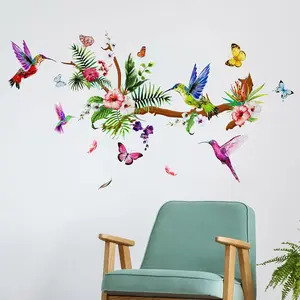 Hummingbirds Wall Decals Peel and Stick Birds Vinyl Wall Stickers Butterfly Flowers Colorful Hummingbird on the Tree Branch Flower Decals Garden Living Room Bedroom TV Decorations
