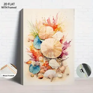 1Pcs Framed 2D Flat Mediterranean Style Shell Watercolor Decorative Painting 8x10 Inch Solid Wood Frame Canvas Wall Art Living Room BedroomWall Decoration Ocean Theme Home Accessories Modern Simple Styl