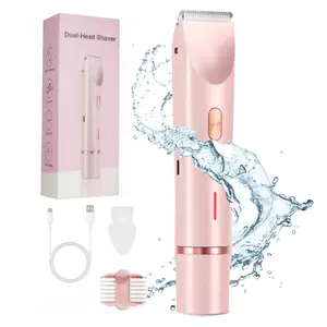 Bikini Trimmer for Women, Intimate Pubic Trimmer, Electric Shaver and Razor Rechargeable 2-in-1 Body and Facial Hair Removal Double Head for Painless Trimming of Pubic Face Underarm Legs, IPX7 Waterproof, pink, Wireless Trimmer