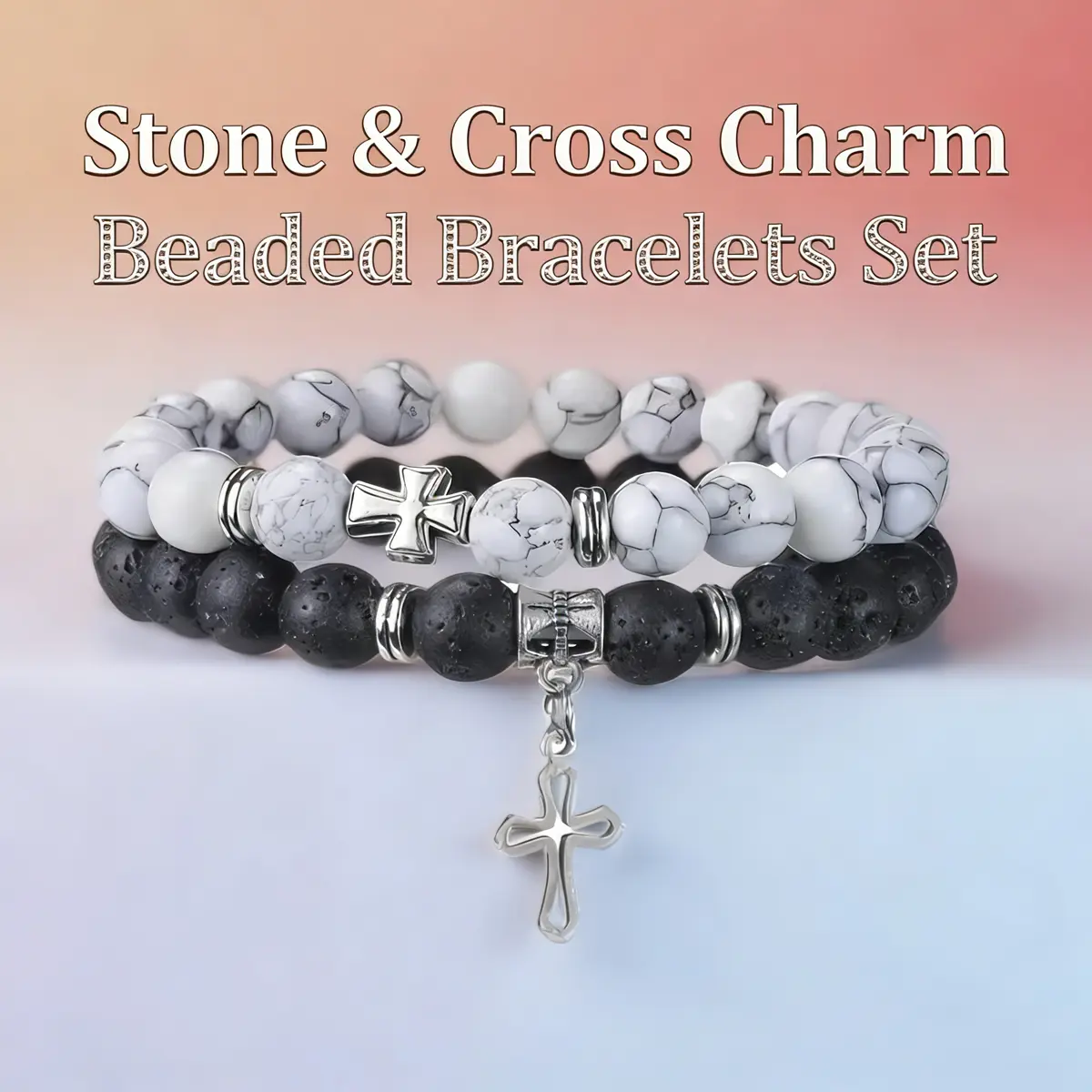 Handmade Beaded Bracelets Set - Alloy, Natural Lava Rock & Turquoise, Cross Charm, Durable Elastic Rope, 7-7.5 Inches Cord, Unisex Stackable Costume Jewelry for Engagement Gift, Stackable Jewelry