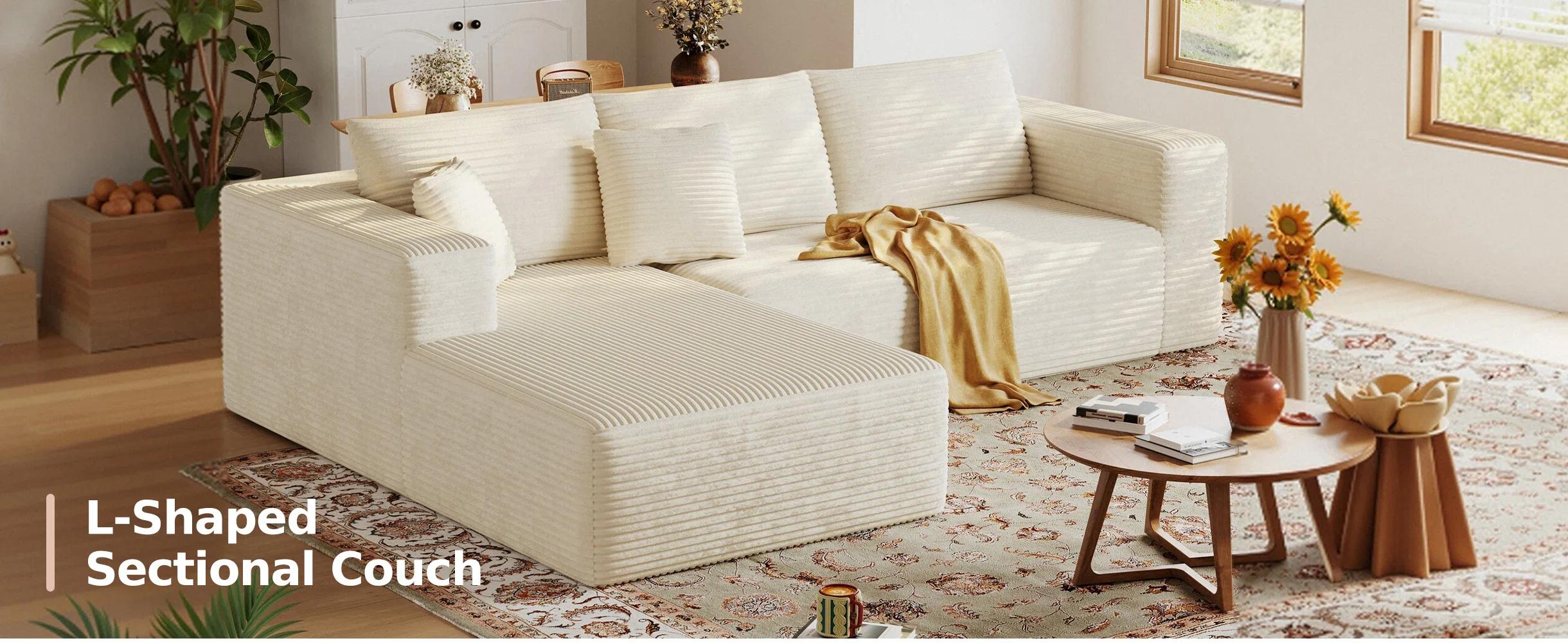 108” Modular Sectional Cloud Sofa For Living Room Modern Minimalist Couch With L-shaped Chaise Upholstered Corduroy Couch , Deep Seat, No Assembly Required