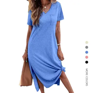 Danedvi Women Summer T Shirt Dress Casual Short Sleeve V Neck Maxi Dresses Loose Side Slit Long Tshirt Dress with Pockets Blue Womenswear Shortsleeve