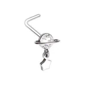 CZ Crystal Planet with Dangling Star L-Bend Nose Stud - 316L Stainless Steel