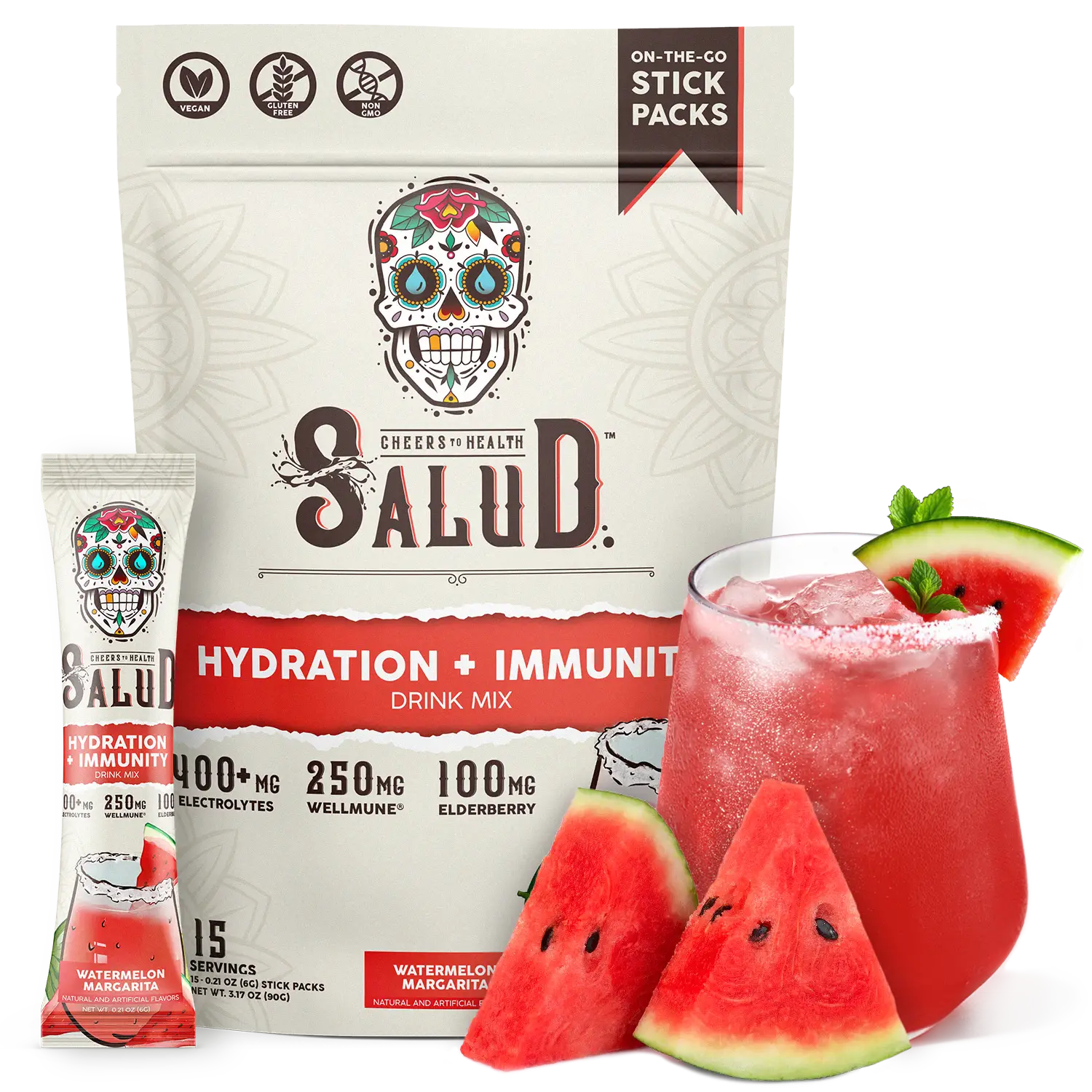 Salud 2-in-1 Hydration and Immunity Electrolytes Powder, Watermelon Margarita - 15 Servings, Agua Fresca Drink Mix, Elderberry, Dairy & Soy Free, Non-