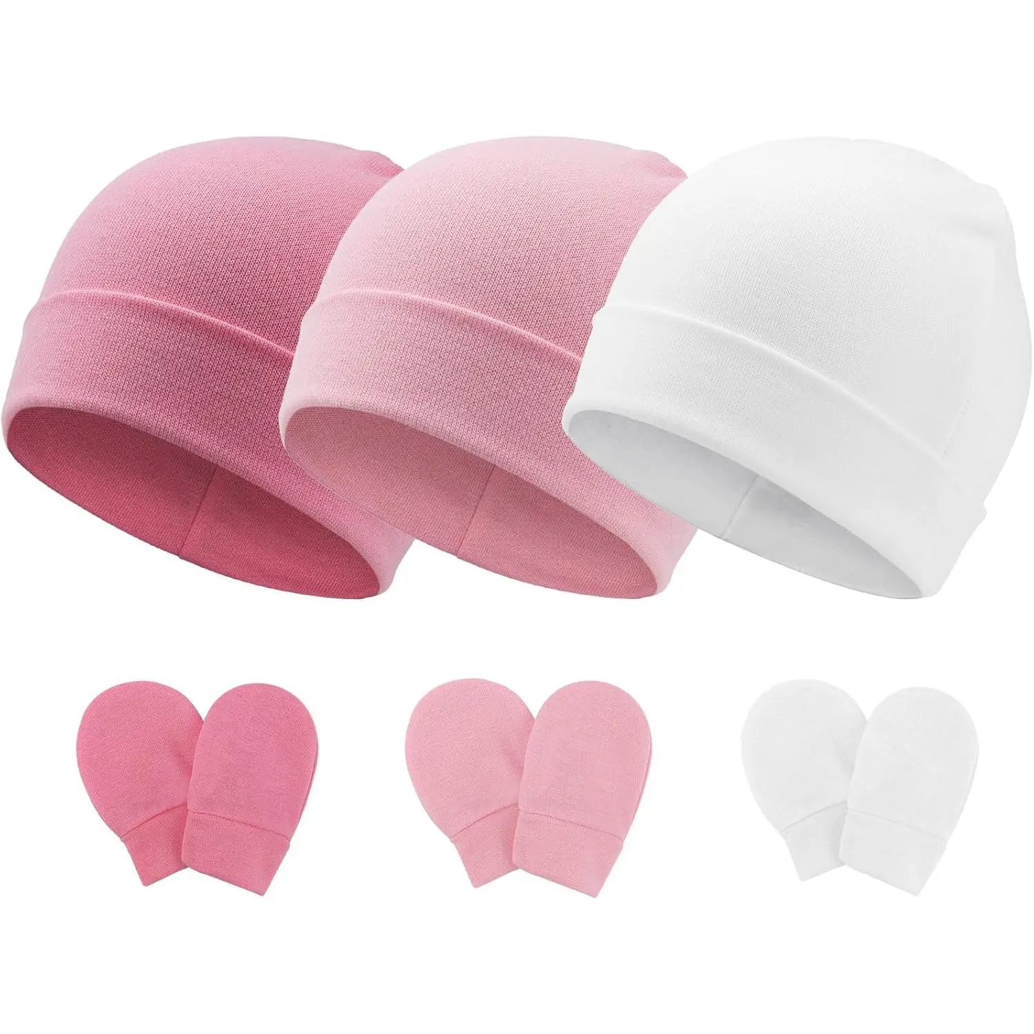 Newborn Unisex Hat & Mittens Set, 3 Upright Bow Sets (Pink/Light Pink/Coffee) with All-Seasons No-Scratch Mittens, Hospital Beanie for Infants