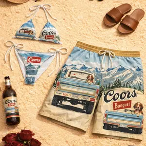 Coors Banquet Couple Swimwear Set – Matching Bikini & Men’s Beach Shorts with Vintage Truck, Mountain & Dog Print, Western Rodeo Summer Beachwear, Tropical Vacation Pool Party Outfit, Cowboy Coastal Resort Style Swimwear for Couples Adventure Look