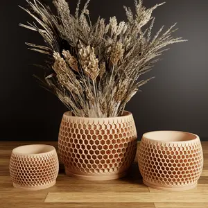 Wood Honeycomb Planter, Unique 3D Printed Plant Pot with Drainage & Saucer For Houseplants, 9 Color Options, Small to Large, 4 5 6 7 8 Inch