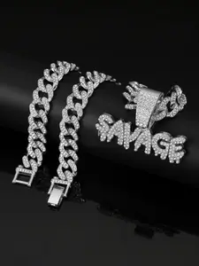 Hiphop Style Savage Pendant Necklace, Alloy Cuban Link Chain with Zircon Gemstones, Street Fashion Jewelry for Casual & Outdoors Wear