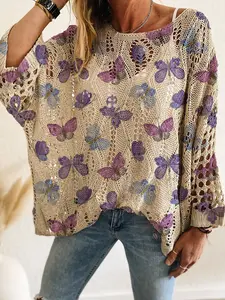 Women's V Neck Batwing Long Sleeve Soft Knit Top, Casual Elegant Commuter Wear, Butterfly Print Loose Fit Sweater for Spring Summer Fall Winter