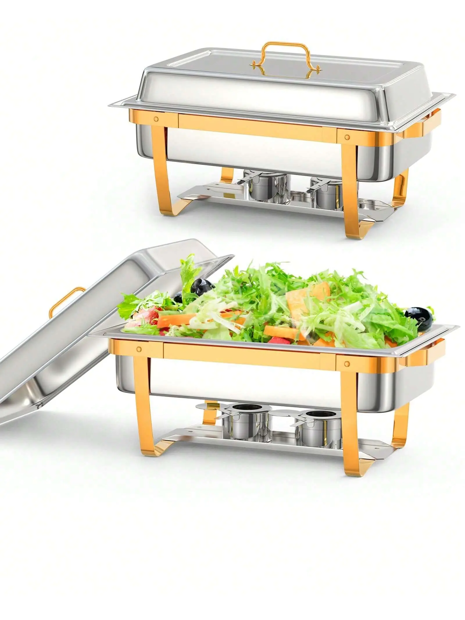 Gaomon 2-Piece 8QT Gold Stainless Steel Thermal Casserole Dish Set - Folding Frame, Handles, Thermal Pan, Tray, Quick Setup, Easy-Clean Professional Buffet Warmers for Weddings, Hotels (Maintain Perfect Food Temperature)