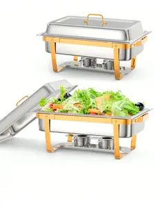 Gaomon 2-Pack 8QT Gold Stainless Steel Chafing Dish Set with Folding Frame, Professional Buffet Warmers with Handles for Catering - Thermal Casserole Dish, Tray
