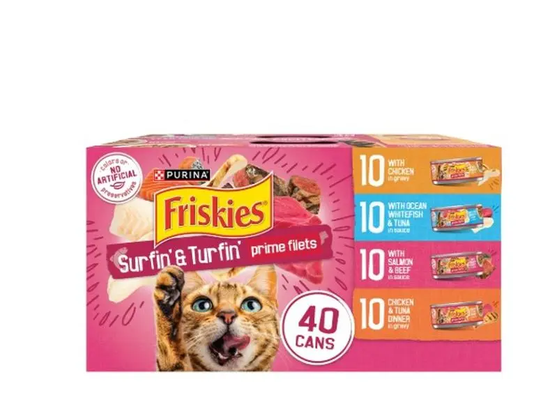 Purina Friskies Gravy Wet Cat Food Variety Pack - Surfin’ and Turfin’ Prime Filets with Fish, Salmon, Chicken - 48 ct. Cans