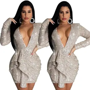 New women's deep v-neck mini sequins dress