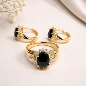 Black Stone Ring & Earrings Set 14K Gold Plated with CZ