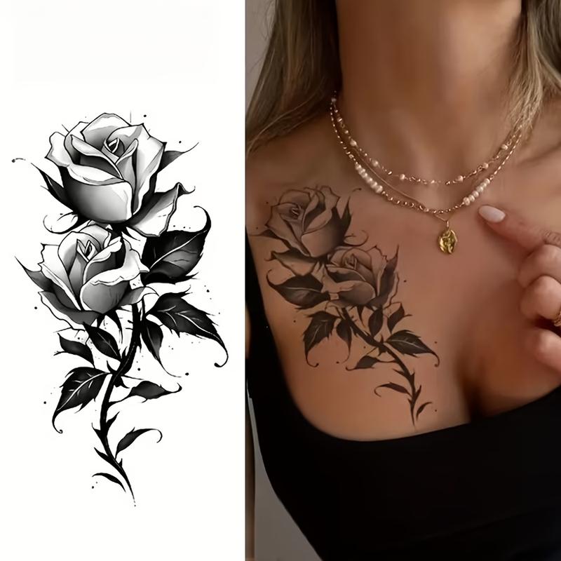 6 Temporary Stickers with 3 Items & 3 Random Designs Black Rose Floral Temporary Tattoo Stickers, Large Flower Body Art Waterproof Tattoos for Shoulder, Arm, Chest, Leg