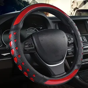 Stylish Heart Pattern Steering Wheel Cover with Inner Ring - Fit for 14.5-15 Inch Diameter, Red & Black Design, Durable PVC Material, Fashionable Car Interior Accessory, Cute Steering Wheel Cover