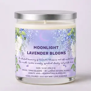 Terra Blooms Moonlight Lavender Blooms 14 oz Eco Soy Wax Candle Hand Poured Soft Florals Calming Notes for Balance and Calm Decor