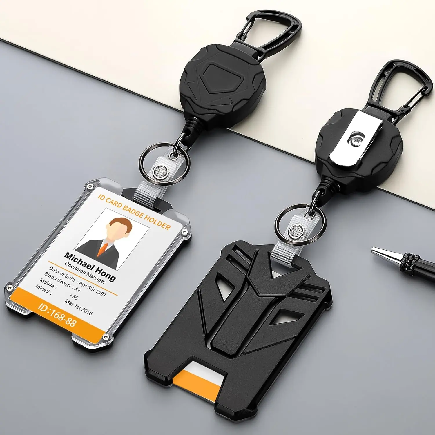 2 Pack Retractable Badge Holder, Heavy Duty Badge Reels with ID Badge Holder,Tactical Id Card Holder Vertical Id Holder with Carabiner Keychain...