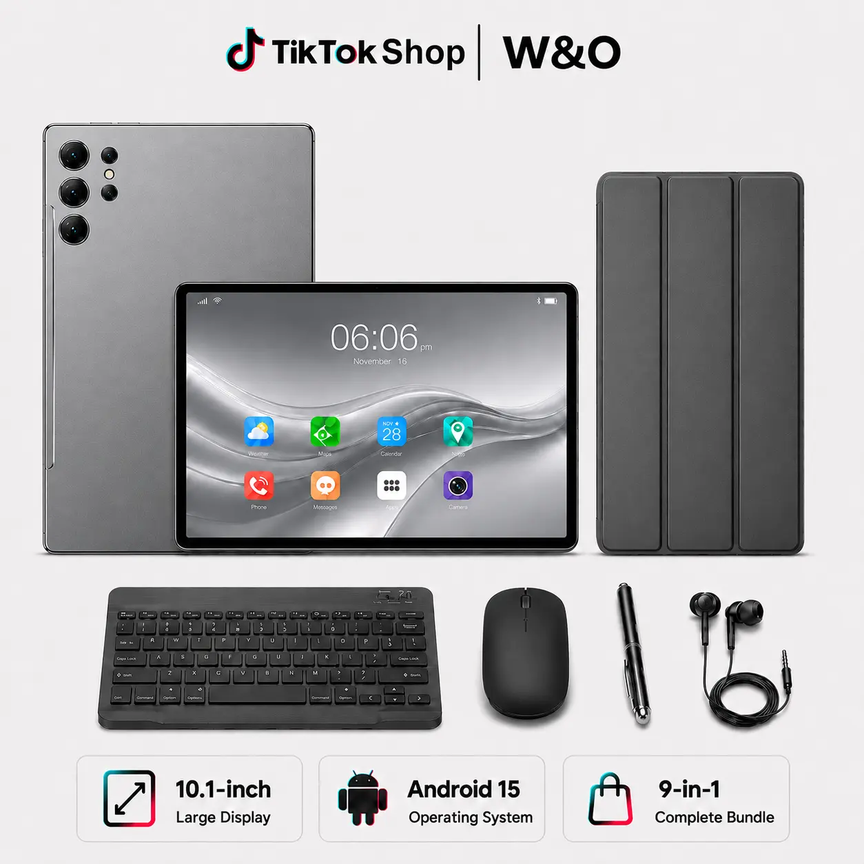 W&O X9 Android 15 Tablet, 10.1 Inch IPS Display, 8GB RAM 256GB ROM, 8000mAh Battery, Dual-Band WiFi, SIM + microSD Support, 9-in-1 Tablet Bundle with Keyboard, Mouse, Stylus & Case student tools