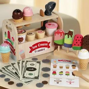 Wooden Ice Cream Shop Toy Set, Pretend Play Set, Detachable Dual-Layer Shelves, Multiple Ice Cream Models, Role-Playing Toy for Kids, Birthday Gift