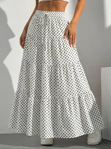 Fashion Women and Girls Summer Long Skirt Breathable Drawstring Polka Dot Skirt Skin Friendl