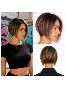 Women's Sleek Wig, Synthetic Wigs, Synthetic Material Wigs, Party Wigs, Highlights Short Straight Hair, Dual Tone Dense Wig, Perfect for Daily Wear, New Year, Cosplay, Parties, Holidays