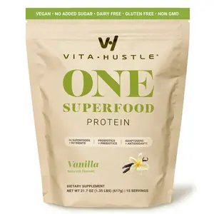 VitaHustle Superfood Protein Vanilla Powder 15 Servings -  Plant-Based Blend with 30 Nutrients Prebiotics Adaptogens HSA FSA Eligible