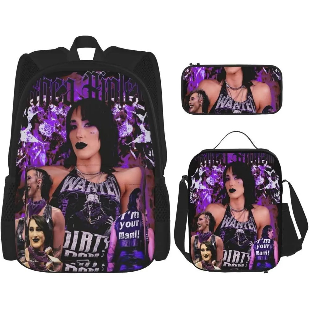 Rhea Ripley Backpack 3 Pieces Set With Lunch Bag And Pencil Case Combination for WorkSportPicnic Portable Laptop Backpack Travel Daypack Stationery Bag