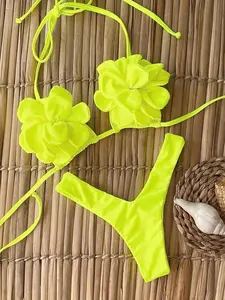 Women's Fluorescent Floral Bikini Set, Halter Neck Triangle Cups, High Cut Thong Bottoms, Beach Vacation Swimwear
