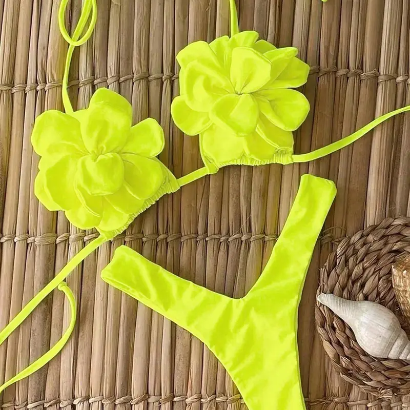 Women's Fluorescent Floral Bikini Set, Halter Neck Triangle Cups, High Cut Thong Bottoms, Beach Vacation Swimwear, High Cut Swimsuits, Beachwear Swimsuit, Bikinis Set, Summer Swimsuit Set