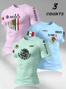 Men's 3-Pack Mexican Flag Patch Patriotic Short Sleeve T-Shirt, Multiple Colors Available, Casual Loose Fit, Summer Fashion, Tropical