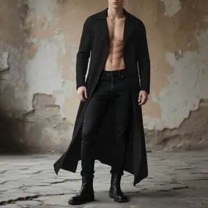 INCERUN Menswear Lengthened Men's Long Trench Coat Jackets - Plain Pure Black, Long Sleeve Fabric, Loose-Fitting Minimalist Chic, Comfortable Versatile for Business Casual Fall Outfits