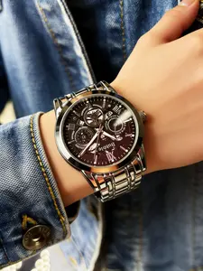 Luxury Vintage Silver Color Business Watch, Stainless Steel Case, Roman Numerals, Mechanical Texture, Men's Commute & Casual Wear