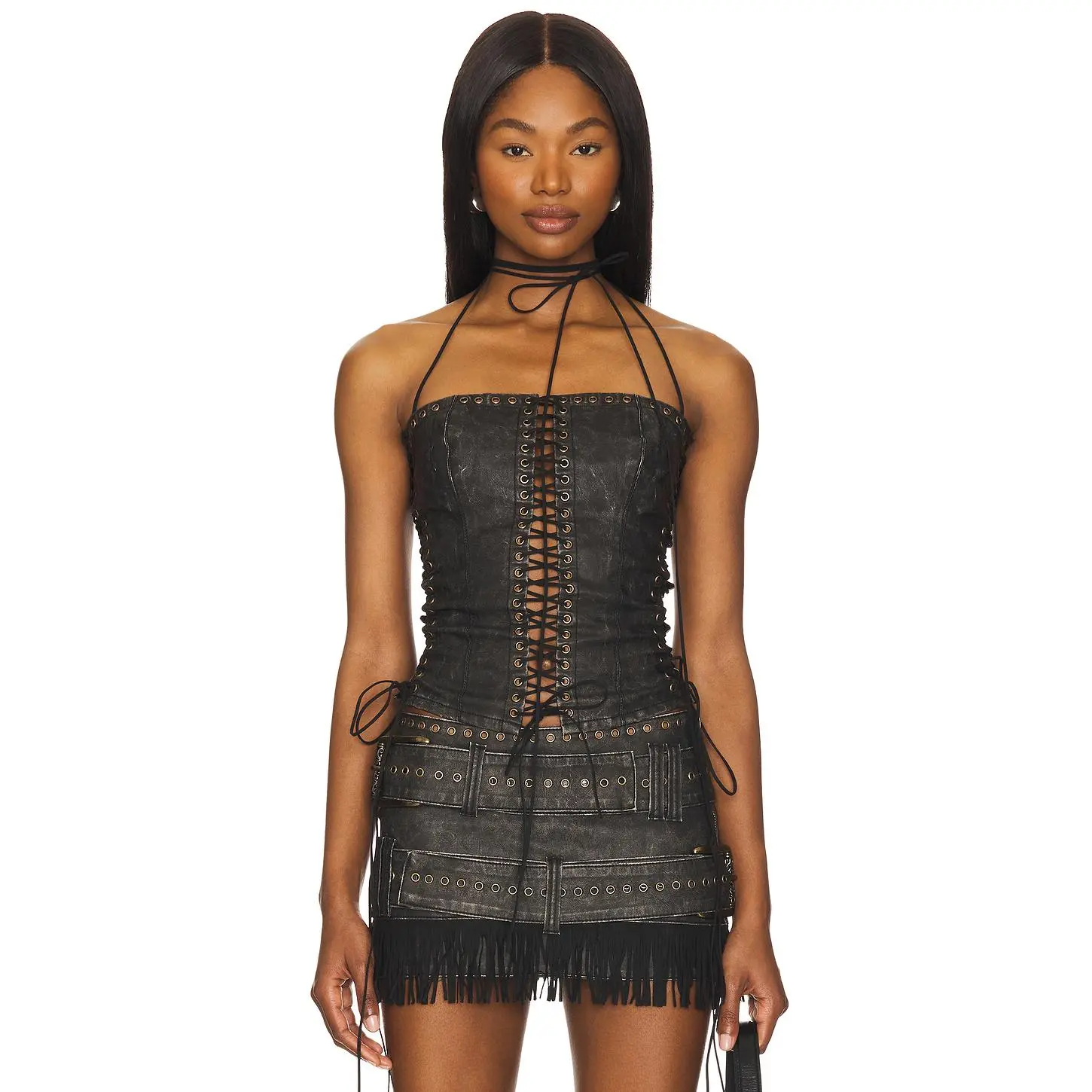 Jaded London Longline Lace Up Halter Corset in Black